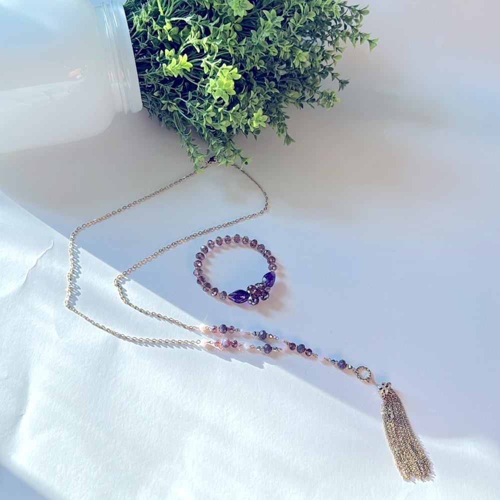 PURPLE & GOLD TONE BEADED NECKLACE & BRACELET Victorian and Dainty with Tassel
